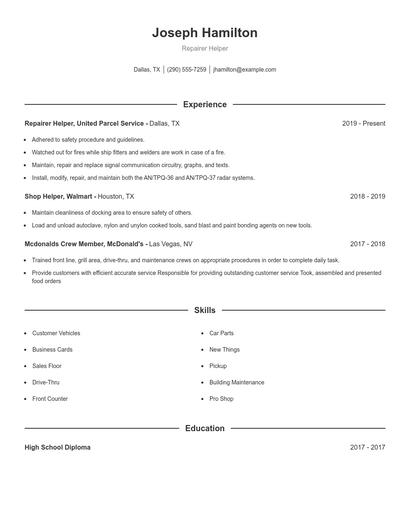 Repairer Helper Resume