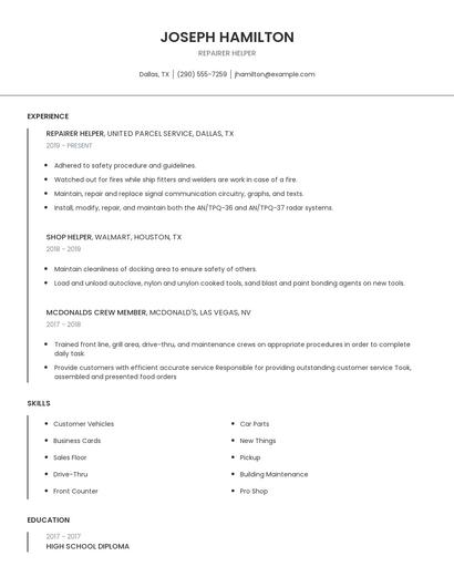 Repairer Helper Resume