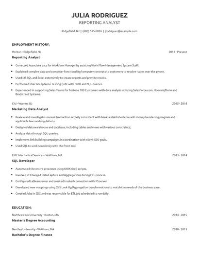 Reporting Analyst Resume