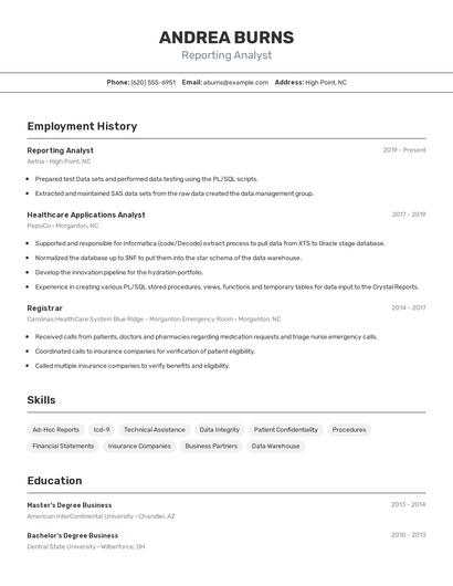 Reporting Analyst Resume