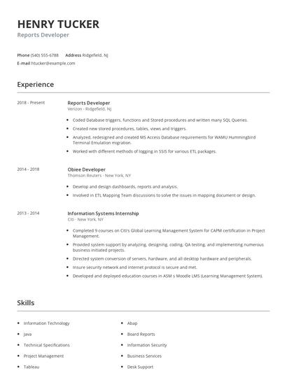 Reports Developer Resume
