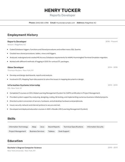 Reports Developer Resume