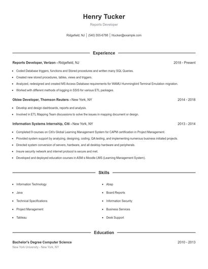 Reports Developer Resume