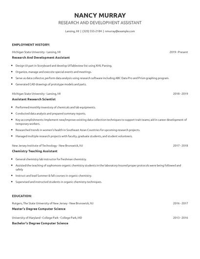 Research And Development Assistant Resume
