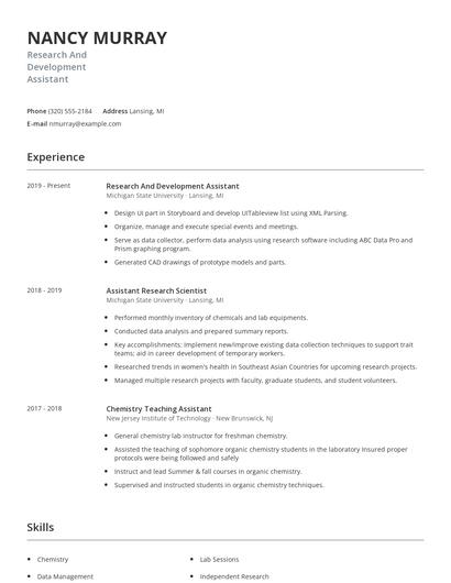 Research And Development Assistant Resume