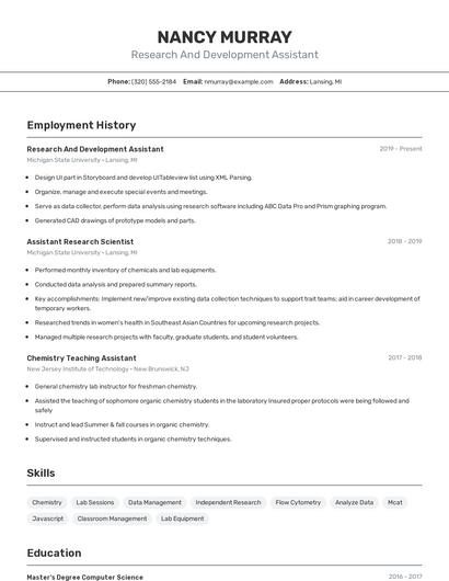 Research And Development Assistant Resume