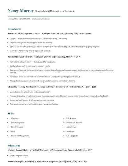 Research And Development Assistant Resume