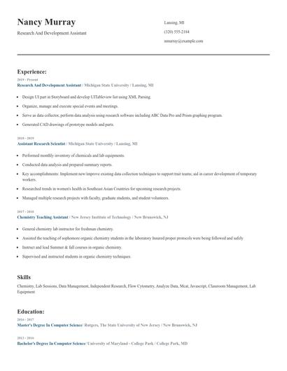 Research And Development Assistant Resume
