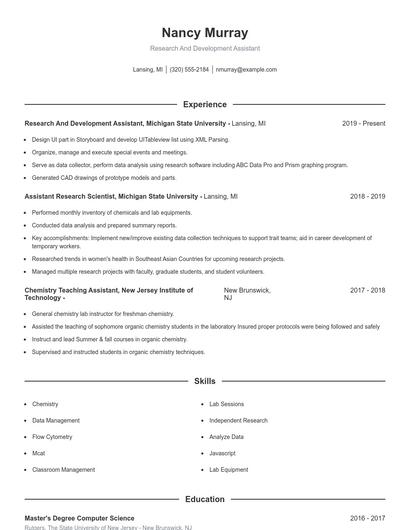 Research And Development Assistant Resume