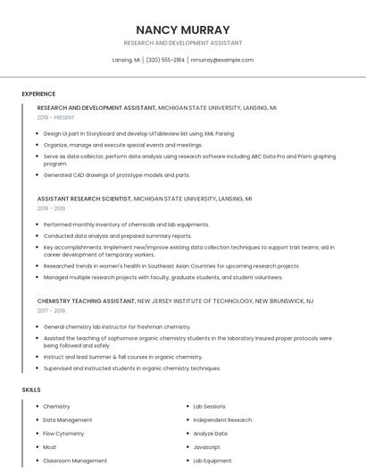 Research And Development Assistant Resume