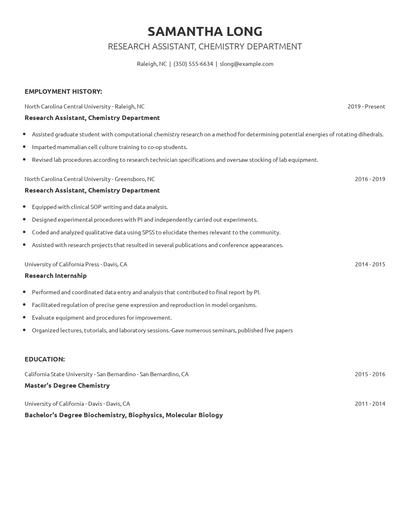 Research Assistant, Chemistry Department Resume