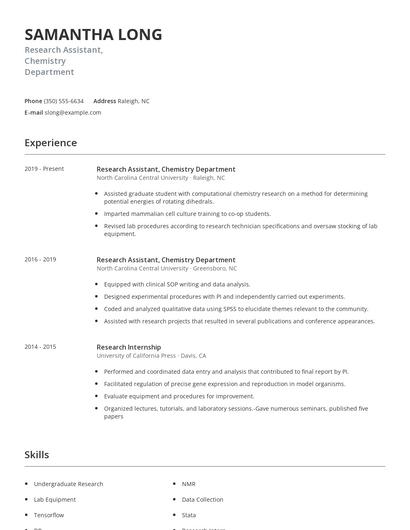 Research Assistant, Chemistry Department Resume