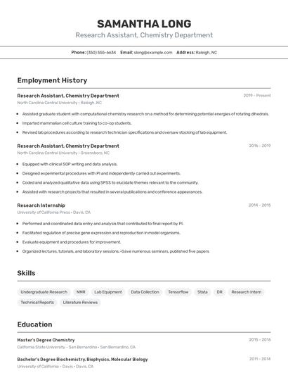 Research Assistant, Chemistry Department Resume
