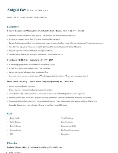 Research Coordinator Resume