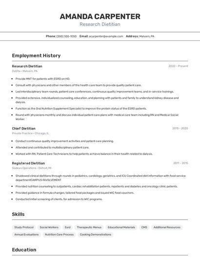 Research Dietitian Resume