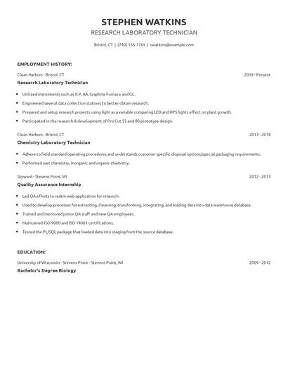 Research Laboratory Technician Resume