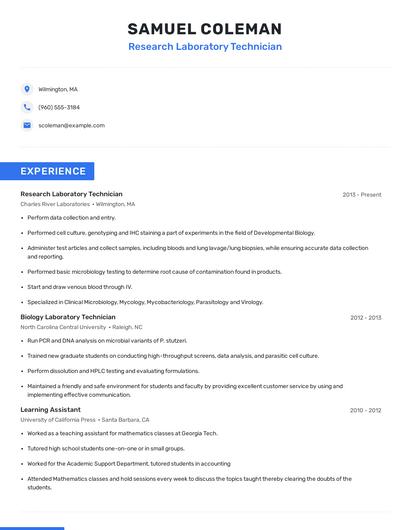 Research Laboratory Technician Resume