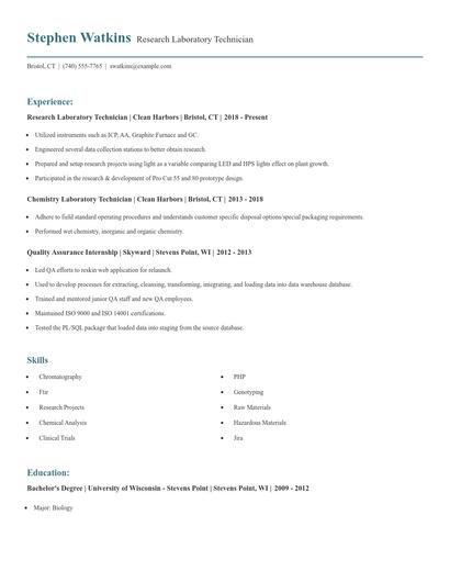 Research Laboratory Technician Resume