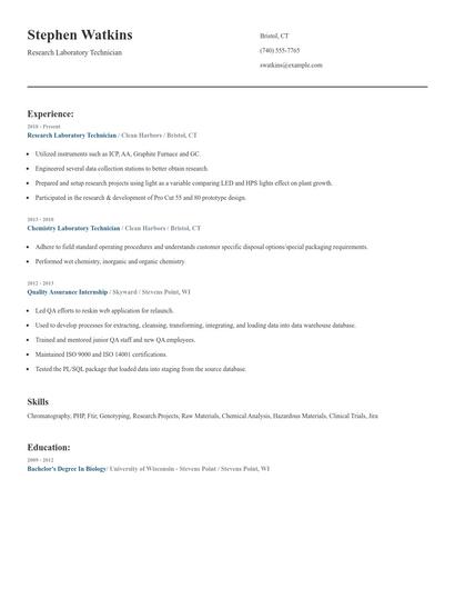 Research Laboratory Technician Resume