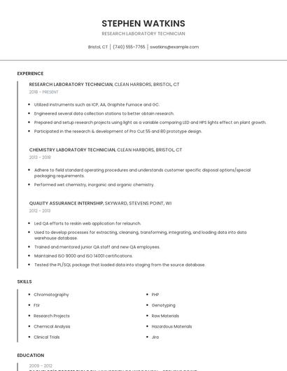 Research Laboratory Technician Resume