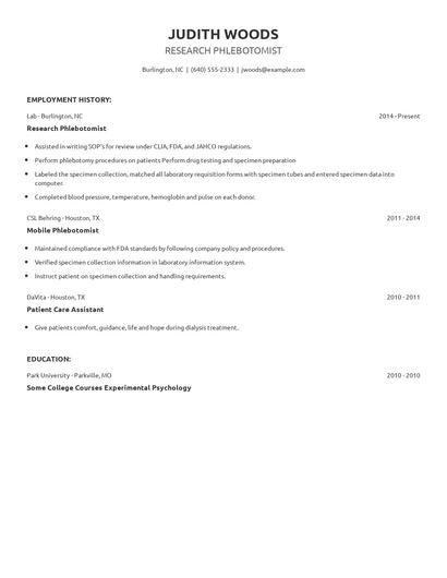 Research Phlebotomist Resume