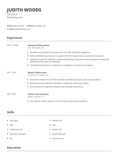 Research Phlebotomist Resume