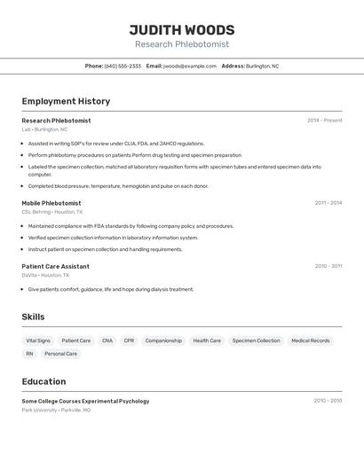 Research Phlebotomist Resume