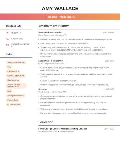 Research Phlebotomist Resume