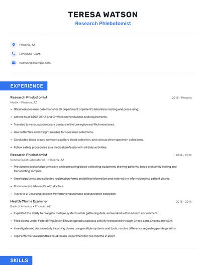 Research Phlebotomist Resume