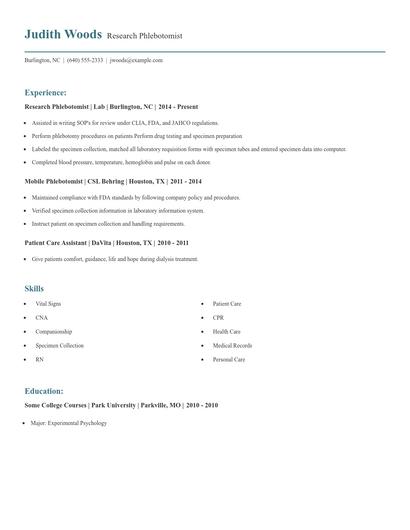 Research Phlebotomist Resume