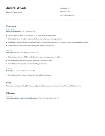 Research Phlebotomist Resume