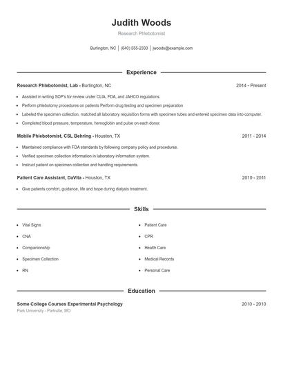 Research Phlebotomist Resume