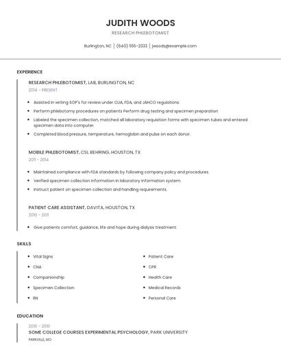 Research Phlebotomist Resume