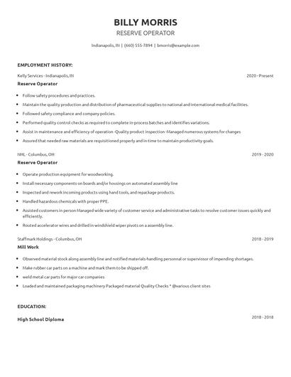 Reserve Operator Resume