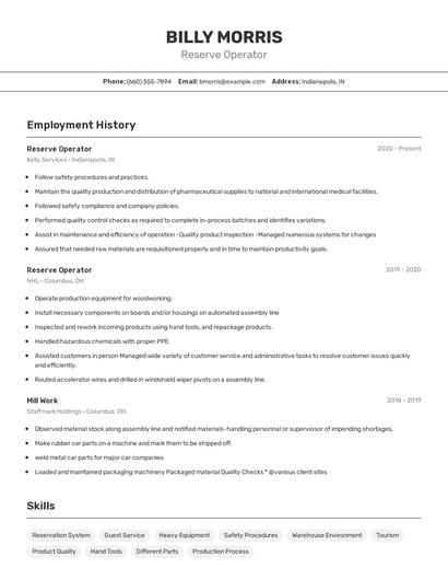 Reserve Operator Resume
