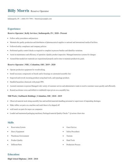 Reserve Operator Resume