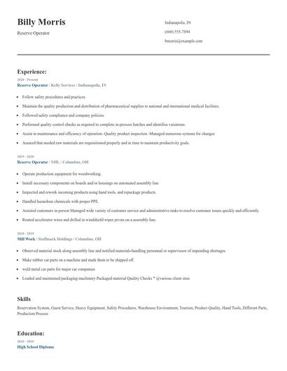 Reserve Operator Resume