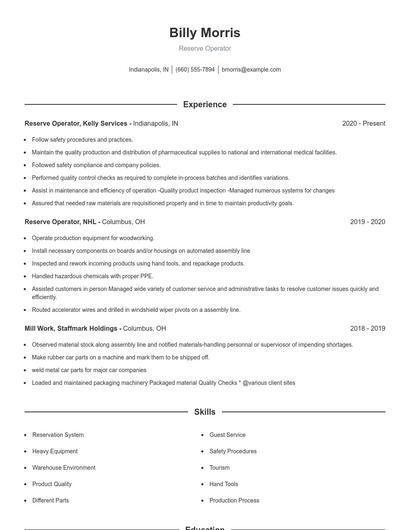 Reserve Operator Resume