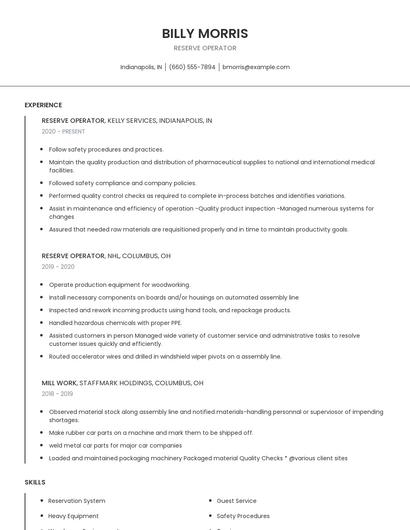 Reserve Operator Resume