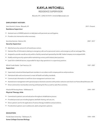 Residence Supervisor Resume
