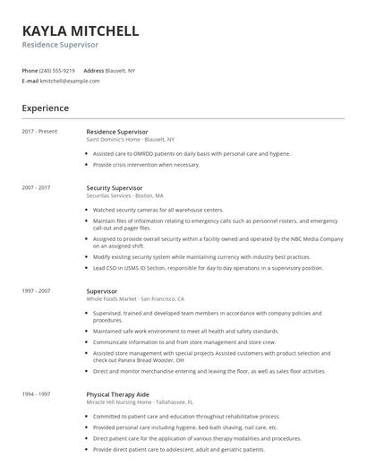 Residence Supervisor Resume