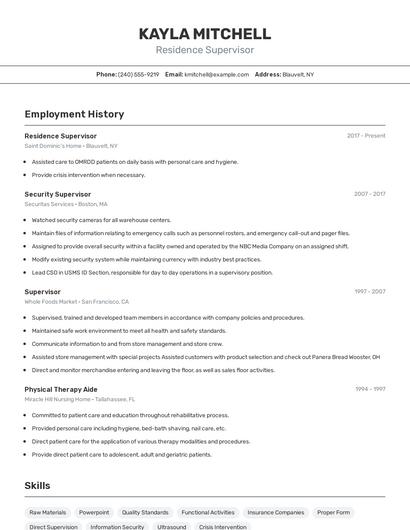 Residence Supervisor Resume