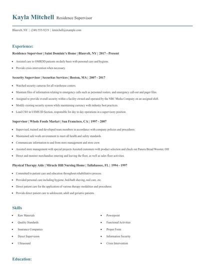 Residence Supervisor Resume