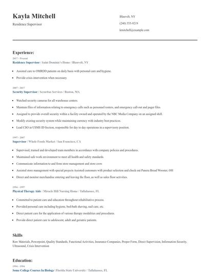 Residence Supervisor Resume