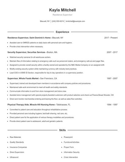 Residence Supervisor Resume