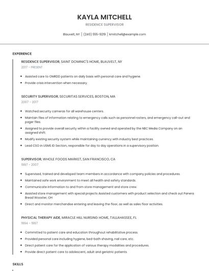 Residence Supervisor Resume