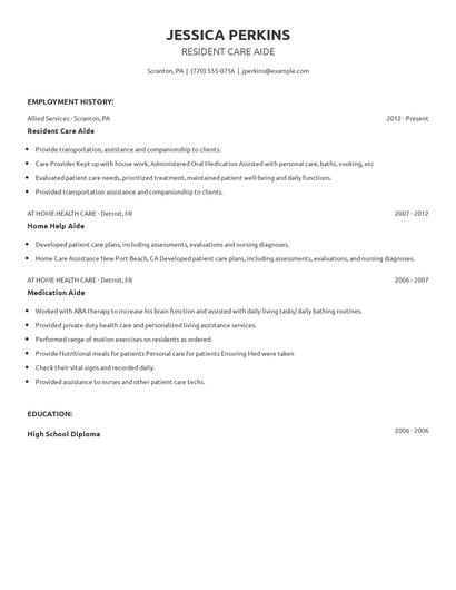 Resident Care Aide Resume