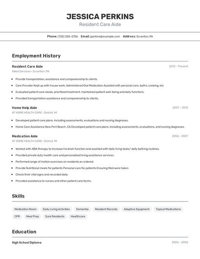 Resident Care Aide Resume