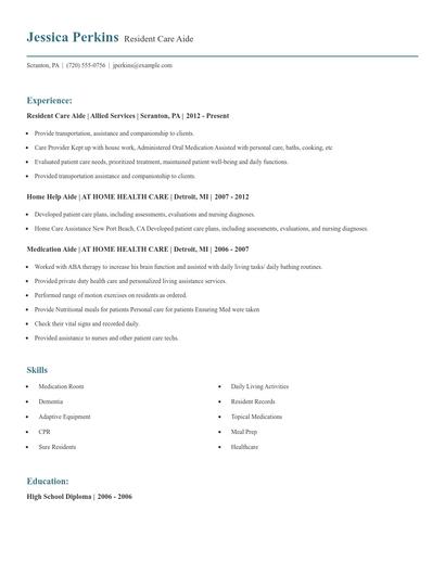 Resident Care Aide Resume