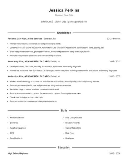 Resident Care Aide Resume